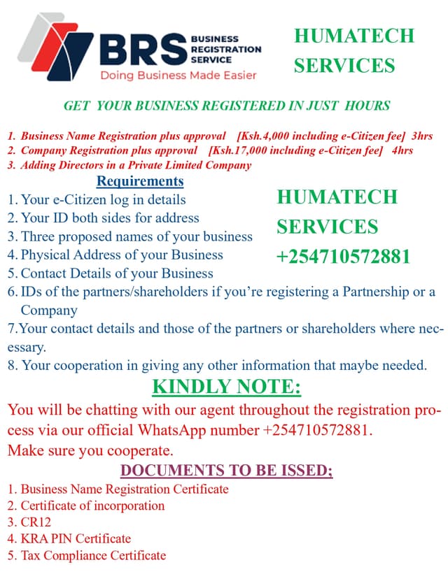 Business Registration. Register your Business Name or a company with us today. We need your e-citizen log ins to help you. Conduct us for more information regarding Business Registration Services.